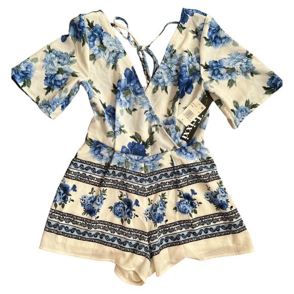 TRIXXI Ivory Floral Blue Border Scuba Short SleevesMini Romper w/ Tags, XS - Picture 1 of 9